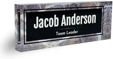 Customized Clear Acrylic Thick 8x3" Desk Name Plate Block with Personalized Logo - Professional Office Decor - Customized Acrylic Plate Gift for Teacher Co-workers (Black-White Marble) by ClickedCraft