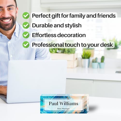 Customized Clear Acrylic Thick 8x3" Desk Name Plate Block with Personalized Logo - Professional Office Decor - Customized Acrylic Plate Gift for Teacher Co-workers (Blue-Beige Paint) - Image 4