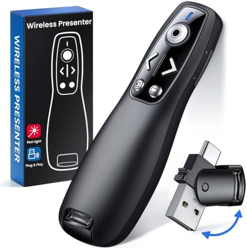 Presentation Clicker with USB-A & USB-C Receiver, 2.4GHz Wireless Presenter Remote with Volume Control & Red Light Pointer, Clicker for PowerPoint Slides Slide Advancer for Mac Computer, Plug & Play by Unknown