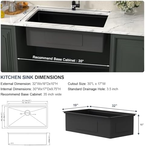 Lordear 32x19 Matte Black Undermount Kitchen Sink - T304 16 Gauge 32 Inch Undermount Kitchen SInk Black Workstation Stainless Steel Single Bowl Handmade 32x19x10 Inch - Image 7