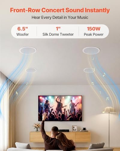 VEVOR Bluetooth Ceiling Speakers, 6.5", in Ceiling & in-Wall Speaker System with Amplifier, 2-Way, for Damp and Humid Placement, Home Theater, Covered Outdoor Patio and Flush Mount Wired, 4 Speakers - Image 2