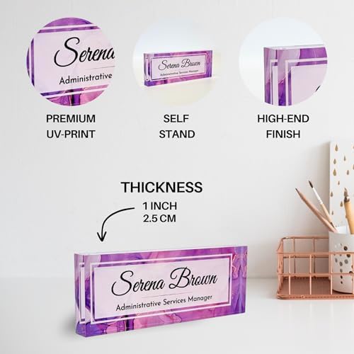 Customized Clear Acrylic Thick 8x3" Desk Name Plate Block with Personalized Logo - Professional Office Decor - Customized Acrylic Plate Gift for Teacher Co-workers (Purple Dream) - Image 6