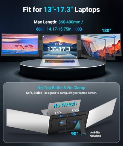 15.6" Laptop Screen Extender, 1080P FHD Triple Portable Monitor for Laptops, Ultra-Slim Travel Dual Monitor Fit for 12"-17.3" Laptops, USB-C Plug&Play Extended Screen Compatible with Win/Mac/Android - Image 5