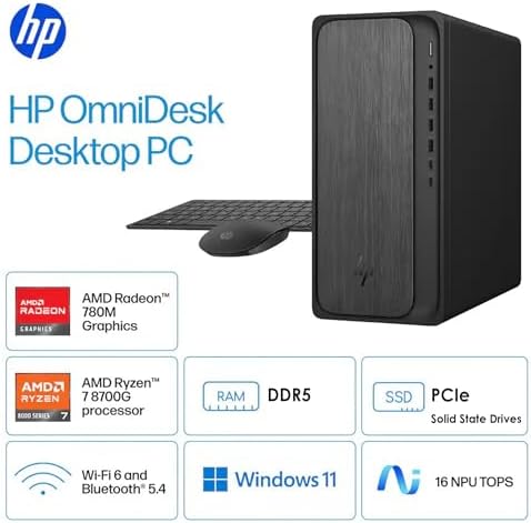 HP OmniDesk AI PC Desktop, 16 NPU Tops, Ryzen 7-8700G CPU (5.1GHz), 16GB DDR5 RAM, 1TB Storage (512GB PCIe SSD & 512 External Drive), Wi-Fi 6, Dual Monitor Support, Windows 11, Wireless KB & Mouse - Image 3