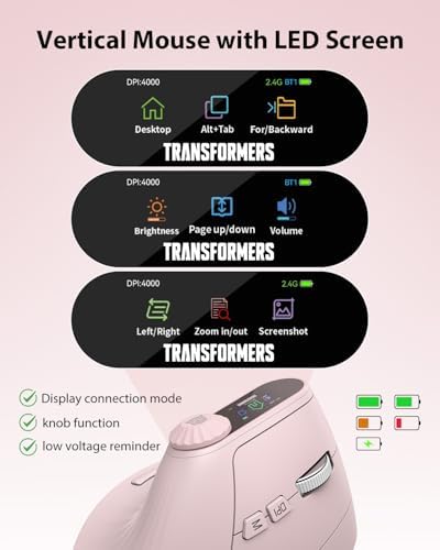 Transformers Vertical Ergonomic Mouse with LED Screen & Knob Control Pink - Image 3