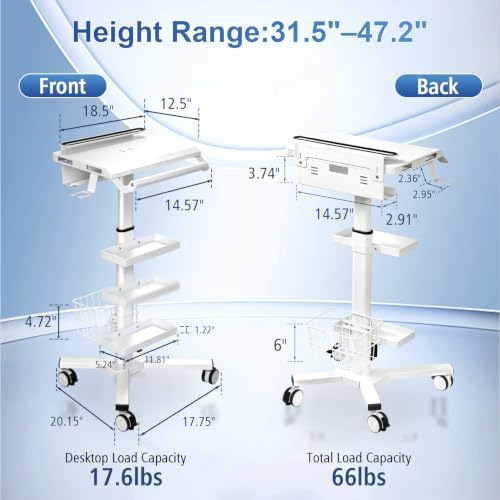 Anti-Theft Mobile Laptop Workstation, Height Adjustable Rolling Cart with Wheels (31.5" - 47.25"), Gas Lift Trolley with Oral Scanner Bracket, Dual Trays and Lab, for Dental Office, Clinic, Lab - Image 3
