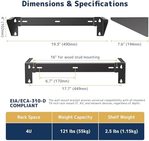 4U Vertical Wall Mount Rack - 19" Steel Wall & Under-Desk Bracket for Server, Network Switch, or Patch Panel, Supports up to 121lbs, for Cabinet or Server Room, JHSVR-4U - Image 4