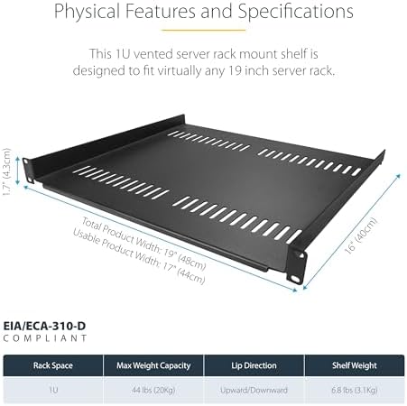 StarTech 1U Vented Cantilever Rack Shelf, 16in, 44lb/20kg (CABSHELF116V) - Image 3