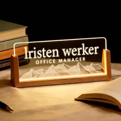 Personalized Light Up Acrylic Desk Name Plate - Custom Name Plate for Desk with Walnut Wood Base - Appreciation Office Gifts for Employees, Teacher, Social Worker (Mountain) by Unknown