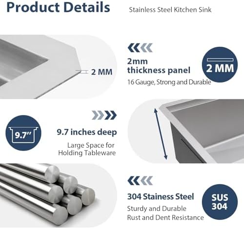 Lordear 28 Inch Undermount Kitchen Sink Stainless Steel 16 Gauge T304 Stainless Steel Workstation Sink Single Bowl One Basin Handmade Sinks Under Counter, 28x19x10 Inch - Image 4