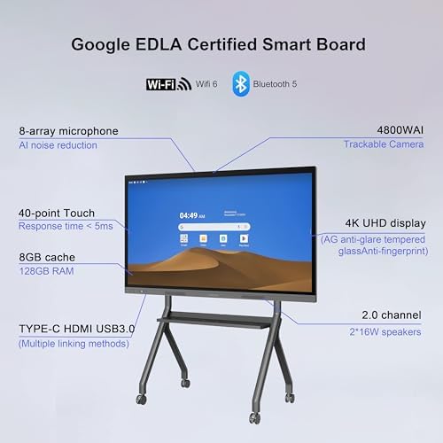 65" 4K Smart Board,Google EDLA Certified with 50MP AI Camera,40-Point Touch Digital Whiteboard,Android 14, 8+128GB,SmartBoard for Classroom Office Home（Wall Mount Included） (65 Inch) - Image 4