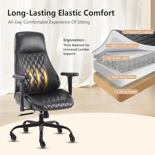 YFO Home Office Desk Chair High Back Office Rubber Chair Casters Ergonomic Computer Chair with Lumbar Support Adjustable Height Rolling Swivel Chair Executive Task Armrests, Black PU - Image 4
