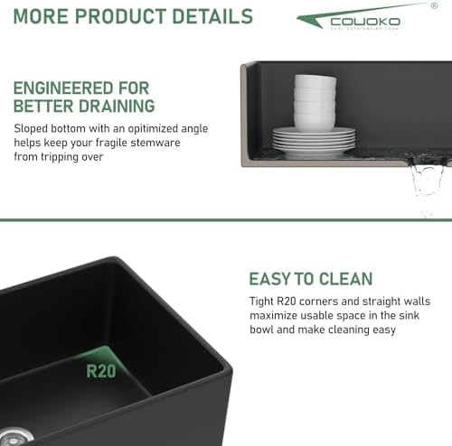 Black Fireclay Farmhouse Sink - Couoko 33 Inch Matte Black Apron Front Farm Sink Porcelain Farms House Style Single Bowl Farmhoues kitchen Sinks with Luxury Accessories - Image 5