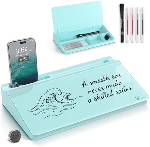 TOWON Compact Glass Desktop Whiteboard with Storage 12x7 in, Teal Blue by TOWON