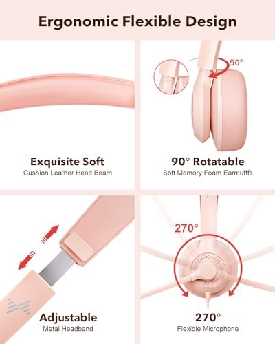 JIAMQISHI USB Headset with Microphone for PC, On-Ear Computer Laptop Headphones with Noise Cancelling Mic in-line Control for Home Office Online Class Zoom (USB+3.5mm, Pink) - Image 4