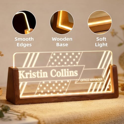 Personalized Light Up Acrylic Desk Name Plate - Custom Name Plate for Desk with Walnut Wood Base - Appreciation Office Gifts for Employees, Teacher, Social Worker (Banner) - Image 7
