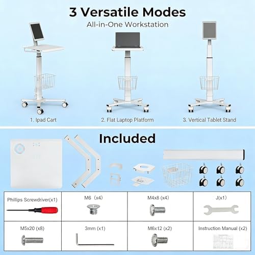 Mobile Tablet Cart for 9.7"-14" Tablet, Adjustable Height with Pneumatic Lifting(31.5" - 47.25"), Storage Basket, Cup Holder, Cable Management for Home, Office and Salon, Cold-Rolled Steel - Image 2