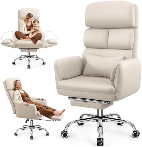 Big and Tall Office Chair 500LBS, Ergonomic High Back Leather Executive Chair, Reclining Swivel with Adjustable Armrests Lumbar Support Footrest, Cross Legged, Beige by BestEra