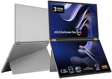 ASUS ZenScreen Duo OLED 360° Foldable Portable Monitor (MQ149CD) - Dual 14-inch, 16:10, 1920x1200, DisplayHDR400 True Black, 100% DCI-P3, Delta<2, Dual USB-C, Mini-HDMI, Kickstand, 3 yr Warranty by Unknown