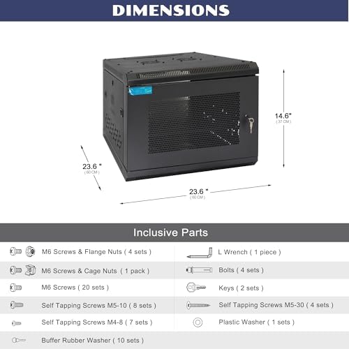 6U Wall Mount Server Cabinet with A Lockable Front Vented Door, Cooling Fans, Removable Side Panels - 60cm Depth, 19" Network Rack Including Full-Size Rack Shelf for IT Equipment - Image 2