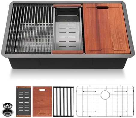 30 Undermount Kitchen Sink Black Stainless Steel - Lordear 30"x19" Kitchen Sink Undermount Gunmetal Black Workstation 16 Gauge Stainless Steel Single Bowl Handmade Sinks Basin by LORDEAR