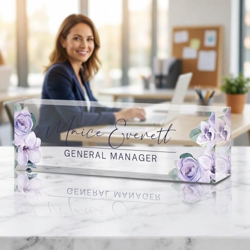 Personalized Name Plate for Desk Custom Desk Name Plate Acrylic Office Desk Accessories Decor for Women Teacher Nurse Boss Employee Appreciation Gifts for Mother Purple Floral Name Plates - Image 2