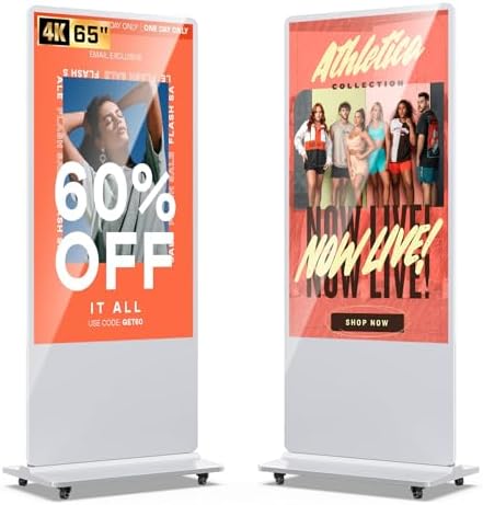MWE 65 Inch 4K Digital Signage Display Kiosk, Indoor Floor Standing Advertising Display Poster, LCD Commercial Display with Auto Media Player, Android System, HDMI/USB/WiFi, White by QIXZOCV