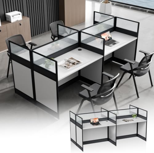 4 Person Cubicle Workstation Desk with Privacy Panels and Cable Management,Modular Long Office Desk for Commercial Workspace, Sound Dampening Partition Wall (White, 94.5IN) by UsosidamFoldTables