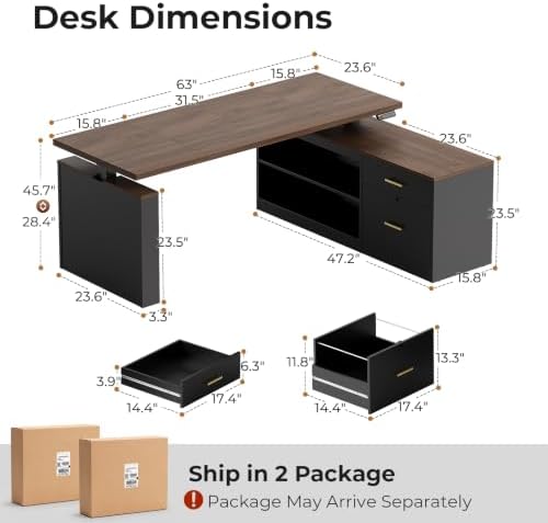 OffiGo Executive 63 Inch L Shaped Electric Standing Desk, Walnut+Black - Image 2