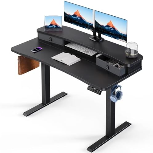 HUANUO 47.2" X 23.6" Electric Standing Desk with 2 Drawers, C-Clamp Mount Compatible, Height Adjustable Computer Desk, Home Office Stand Up Desk with 4 Preset Heights & 2 Hooks, Black by HUANUO