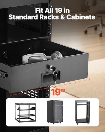 VEVOR 3U Rack Drawer, Lockable Server Cabinet Case, 13.8'' Depth Server Rack Mount Drawer, for 19'' Network Equipment/DJ/AV Rack or Cabinet Enclosure, 50 lbs Max Load, with Cable Management Holes - Image 2