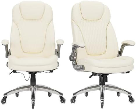 Executive Office Chair-Ergonomic Computer Desk Chair, High Back Leather Chair Swivel Home Office Chair with Upgraded Casters-Ivory, Set of 2 by COLAMYHOME