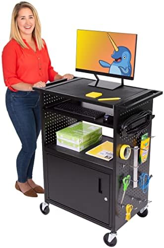 Line Leader Stellar AV Cart | Computer Cart with Pegboard Siding & 12 Hooks for Customizable Storage | Locking Cabinet & Pullout Keyboard Tray | UL Safety Certified Power Outlets | Locking Wheels  by StandSteady