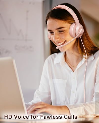 JIAMQISHI USB Headset with Microphone for PC, On-Ear Computer Laptop Headphones with Noise Cancelling Mic in-line Control for Home Office Online Class Zoom (USB+3.5mm, Pink) - Image 6