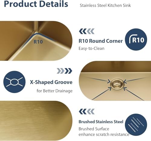 Lordear Gold Undermount Kitchen Sink 36" x 19" Stainless Steel Sinks 16 Gauge Single Bowl Ledge Workstation Handmade Under Counter Kitchen Sink Basin with Built-In Accessories - Image 6