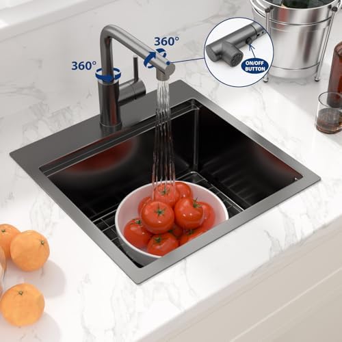 Sarlai Drop Bar Sink - 18 Inch Black Outdoor Kitchen Sink with Pull-out Faucet Gunmetal Black Drop In Workstation 18 x 18 Topmount Stainless Steel 16 Gauge Single Bowl Bar Prep RV Outdoor Sinks Basin - Image 5