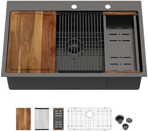 33x22 Black Drop In Kitchen Sink Workstation with Accessories by Couoko