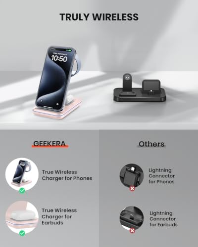 GEEKERA Wireless Charger, 3 in 1 Wireless Charging Station for iPhone Air/17/16/15/14/13/12/11/Pro Max/X/8, Phone and Watch Charger Stand for Apple Watch Ultra 3-2/11-2/SE, AirPods Pro/4/3/2, Pink - Image 6