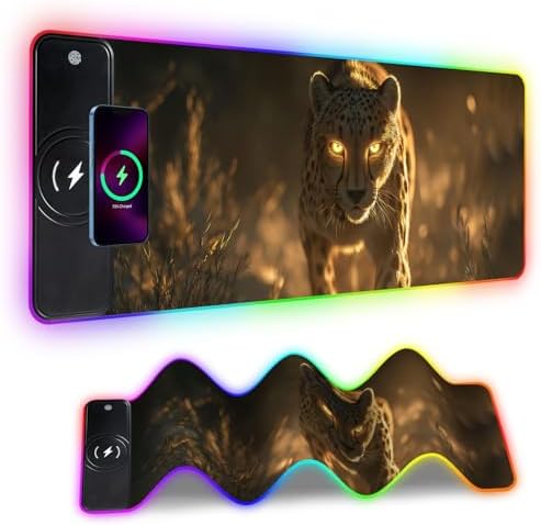 Wireless Charging RGB Gaming Mouse Pad, 31.5 x 11.8 Inch Extended Mouse Mat with Wild Leopard Design, LED Desk Pad with 7 Lighting Modes, Non-Slip Base for Gaming & Office by THISFIND