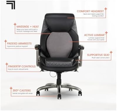 Sharper Image S-600 Active Lumbar Heated Ergonomic Bonded Leather Swivel Executive Massage Chair, Black (60098-BLK) - Image 4