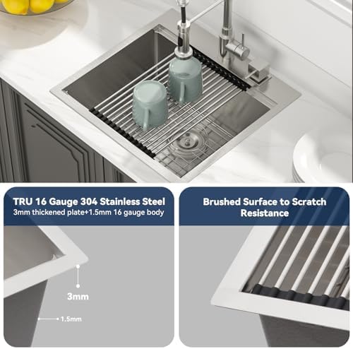 Lordear 21x20x10 Inch Drop in Bar Kitchen T304 16 Gauge Stainless Steel Single Bowl Workstation Topmount Over Counter for Wet Bar Prep Small Kitchen with Cutting Board - Image 5