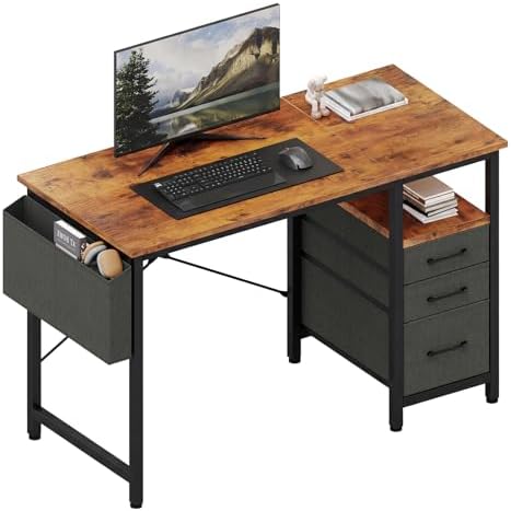DUMOS 39 Inch Small Computer Desk with Storage, Fabric Drawers,Brown by DumosLifestyle