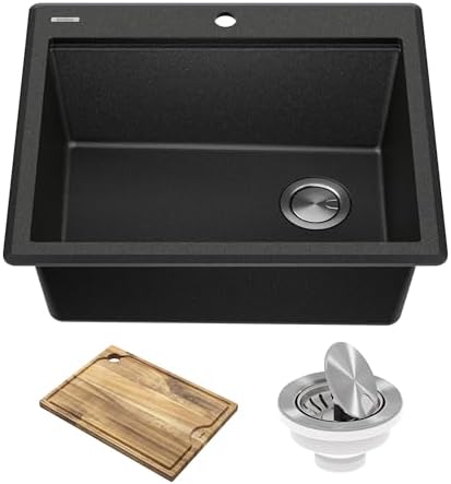 KRAUS Bellucci 25-inch Granite Workstation Drop In Top Mount Single Bowl Kitchen Sink in Metallic Black with Accessories, KGTW12-25MBL by Unknown