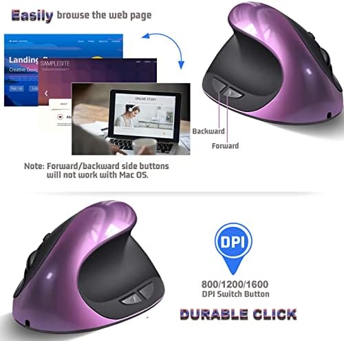 Ergonomic Mouse,Rechargeable Small Vertical Mouse with 6 Buttons Adjustable 800/1200/1600 DPI Purple Wireless Mouse for Laptop, Desktop, PC, MacBook - Image 3