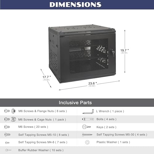 9U Wall Mount Server Cabinet with A Lockable Front Vented Door, Cooling Fans, Removable Side Panels - 45cm Depth, 19" Network Rack Including 2 PCS Full-Size Rack Shelves for IT Equipment - Image 2