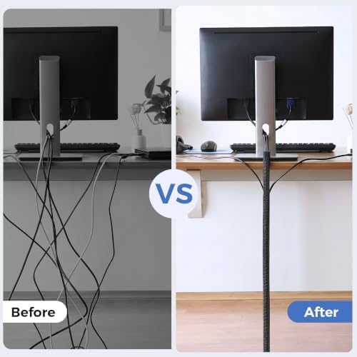 Delamu 10ft - 1/2 inch Cable Sleeve Cord Protector from Pets No Chew, Split-Braided PVC Wire Loom Tubing for Desk Computer USB TV Cord Organizer, Easy Set-up Cable Management Sleeve Kit, Black - Image 3