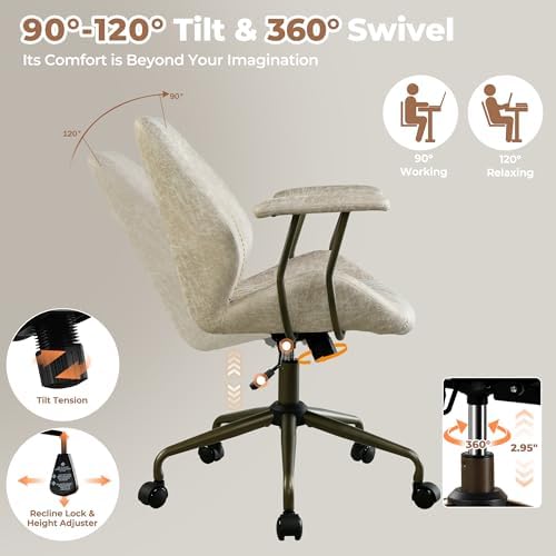 ovios Ergonomic Office Chair, Mid-Back Faux Suede Fabric Executive Chair with Padded Armrest, Mid-Century Modern Comfy Swivel Rolling Computer Desk Chairs, Beige - Image 4