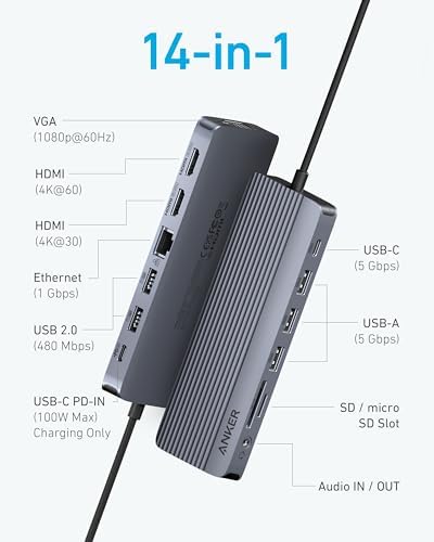 Anker Laptop Docking Station, 14 in 1 USB C Hub, Triple Display with 2 x 4K HDMI, 1080p VGA, 80W Power Delivery, 5Gbps USB-A/C Data Ports for Dell XPS and More (Charger not Included) (Pack of 2) - Image 2