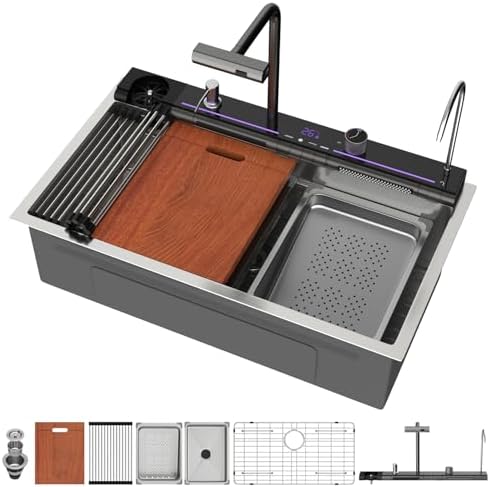 Mocoloo 33 Inch Honeycomb Waterfall Kitchen Sink - 33x19 Inch (Not 22") Drop in Workstation Sink, 16 Gauge Stainless Steel Topmount Single Bowl LED Display Sink with Complete Kit - Image 2