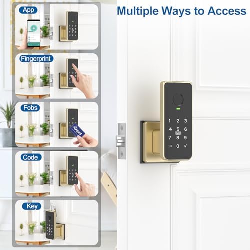 Foxgard Fingerprint Door Lock – 5-in-1 Biometric Smart Lock with Keypad, App Control, Key, Auto-Lock, Electronic Anti-Lock – Keyless Entry for Bedroom, Office, Indoor Use – Gold - Image 2